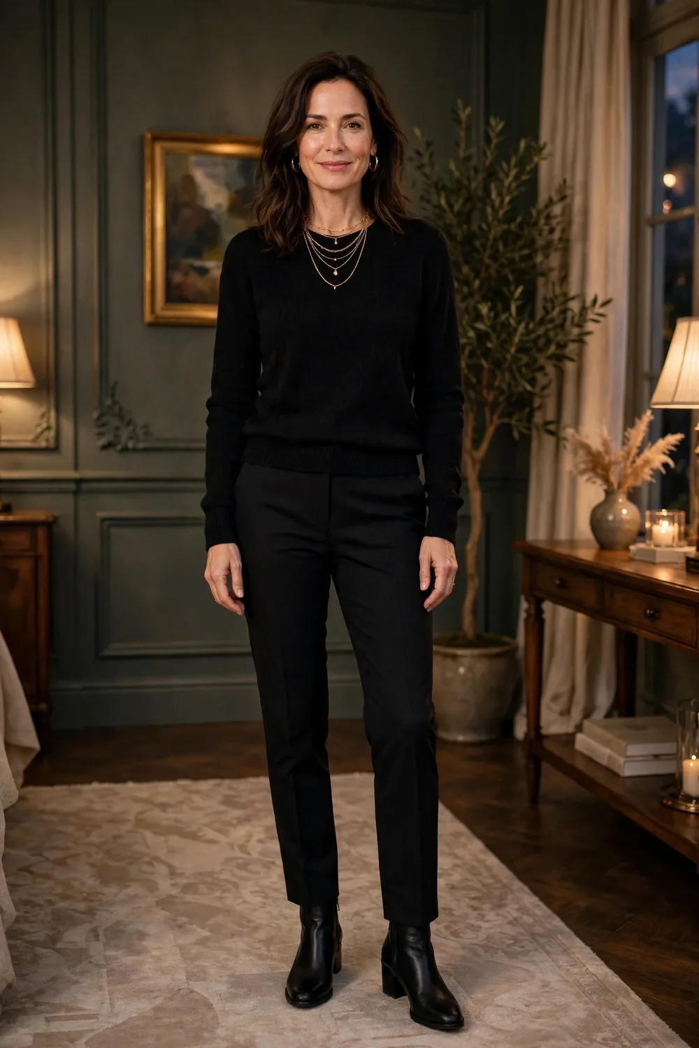 All black Christmas party outfit with gold jewelry for women over 40