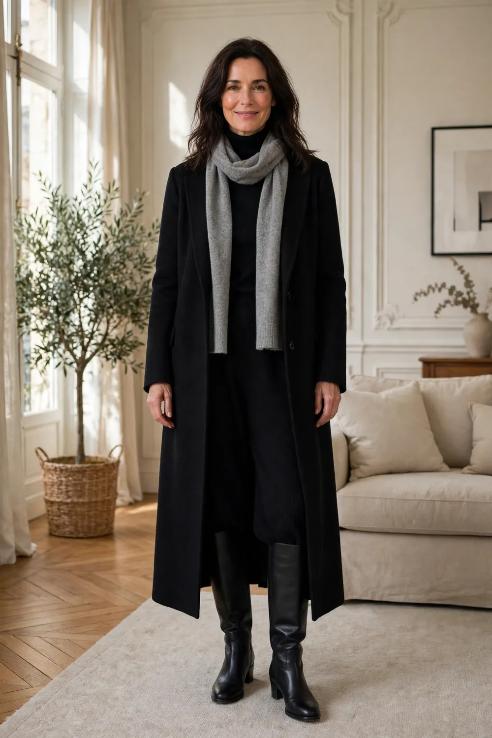 Woman in her 40s wearing an all-black winter outfit with turtleneck and coat
