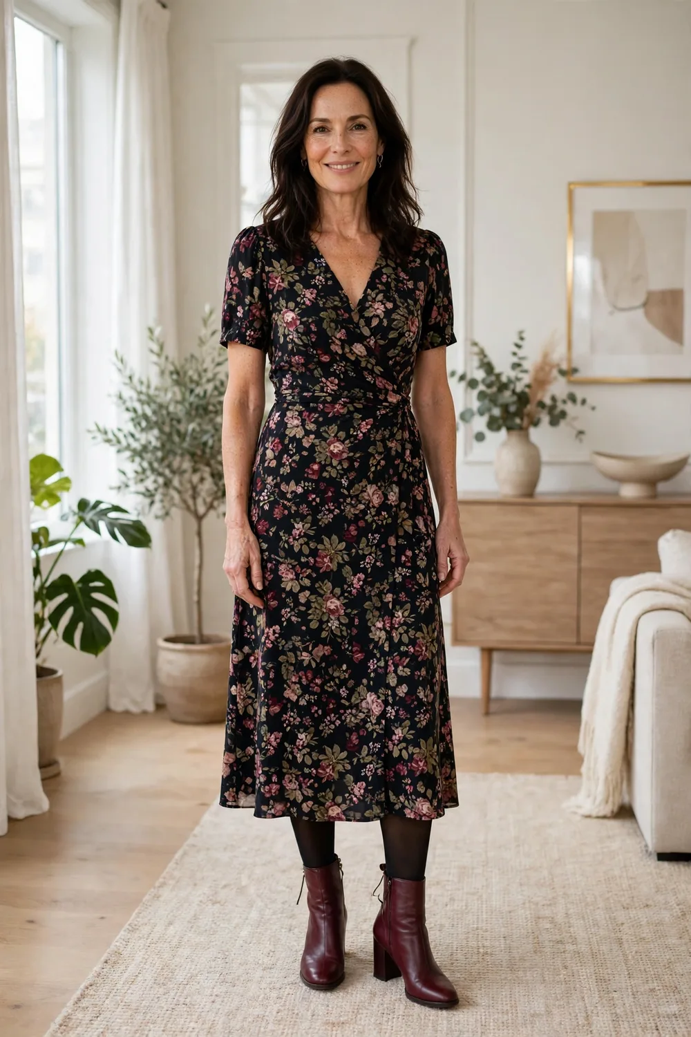 Ankle boots with floral midi dress and tights outfit for women over 40