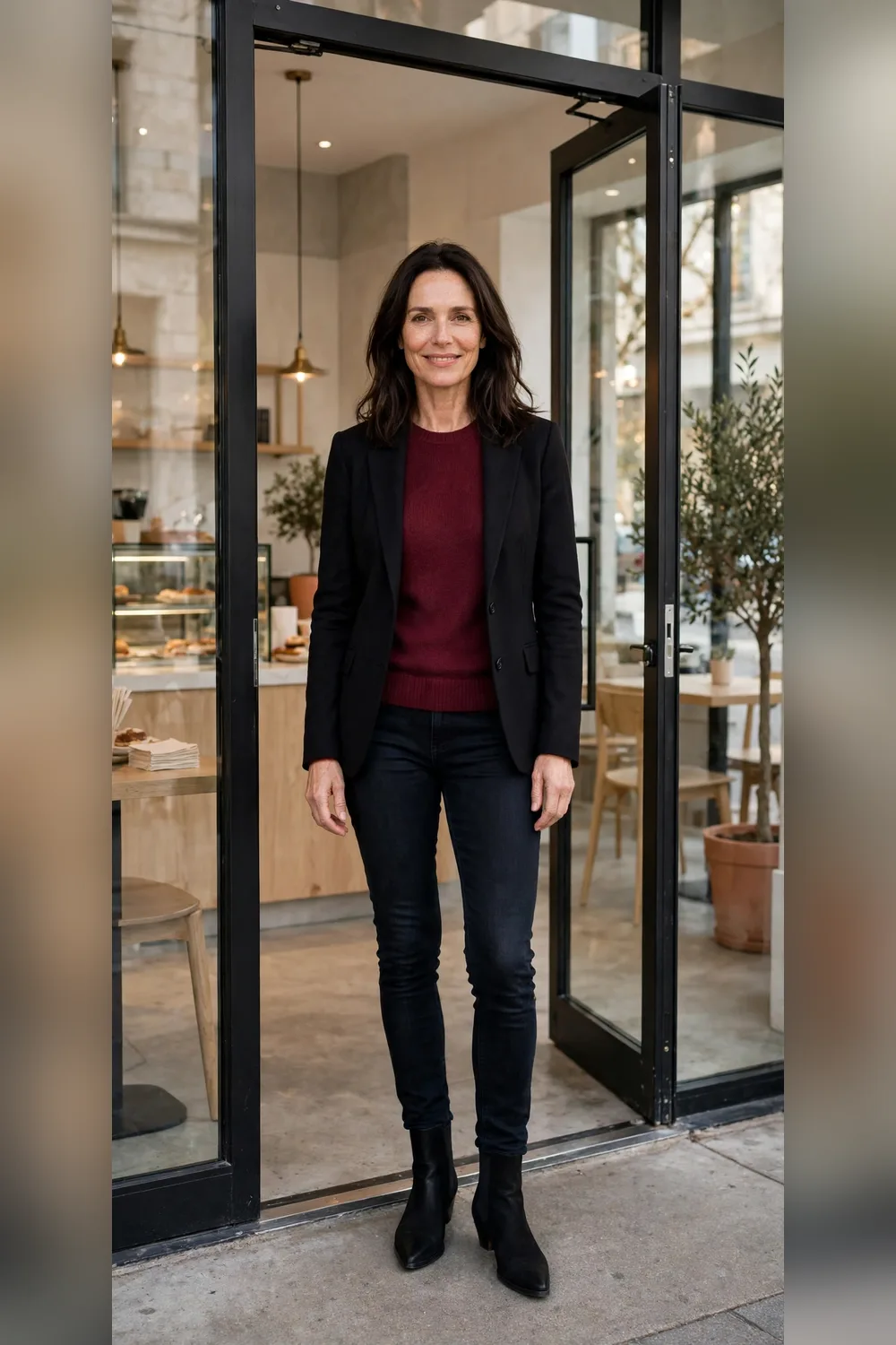 Black ankle boots with skinny jeans and blazer outfit for women over 40