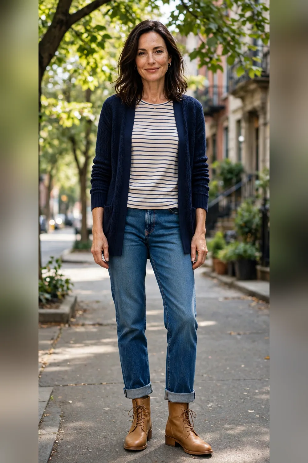 Tan ankle boots with cuffed straight-leg jeans outfit over 40