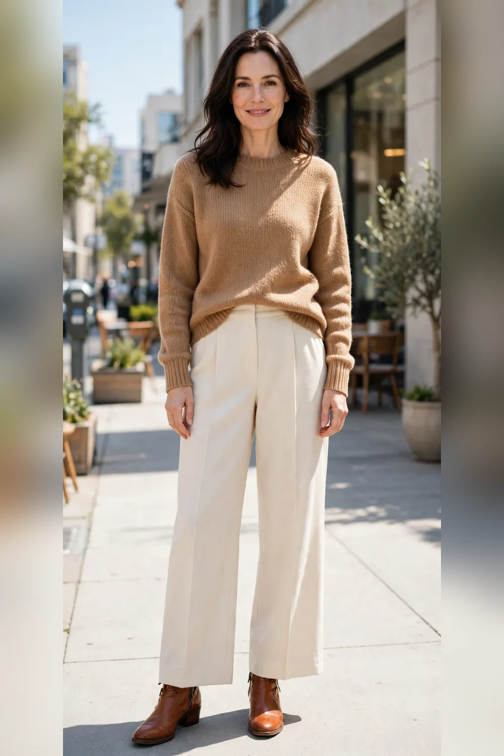 Cognac ankle boots with wide-leg trousers outfit for women over 40