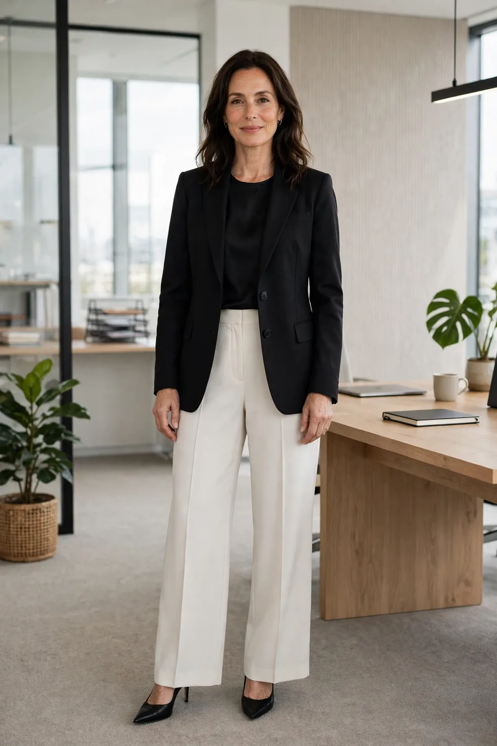 Black blazer with ivory trousers work outfit over 40