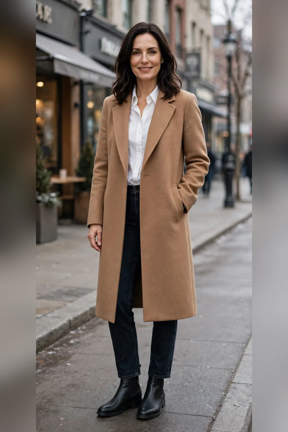Black Chelsea ankle boots with jeans and camel coat outfit over 40