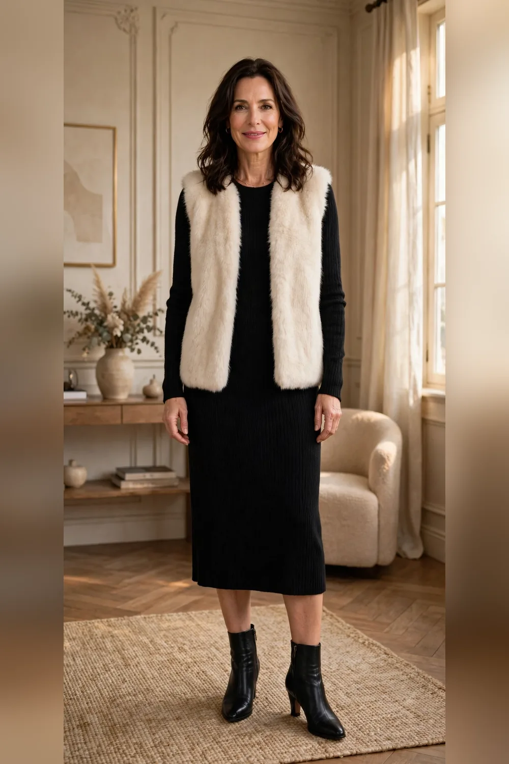 Woman in her 40s wearing a black knit dress with a cream faux-fur vest