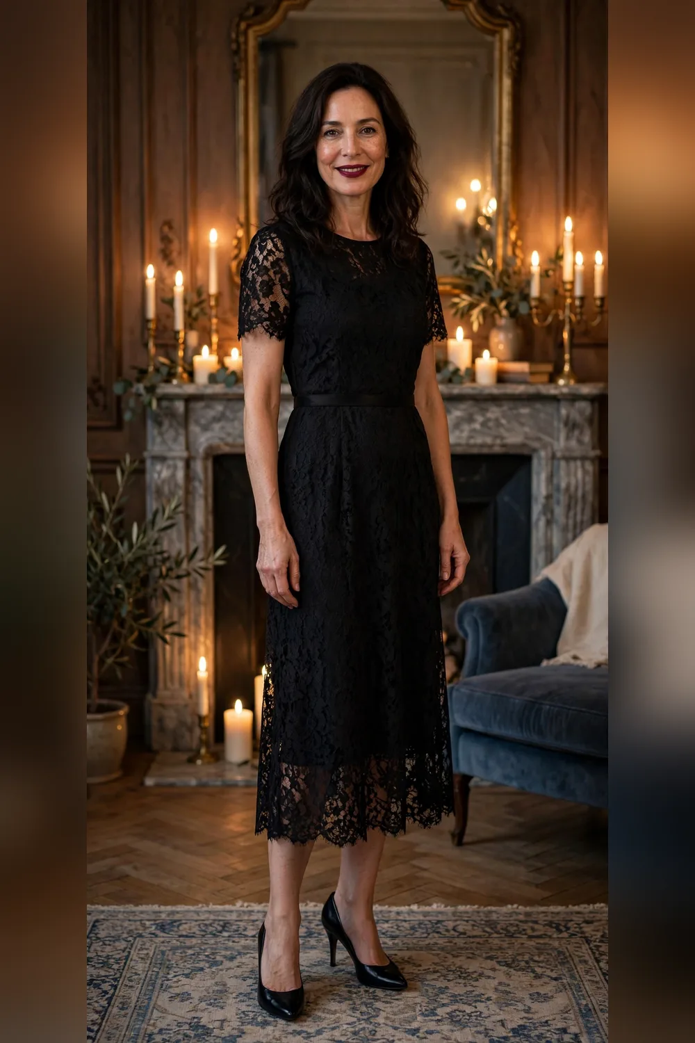 Black lace midi dress elegant Christmas party outfit over 40
