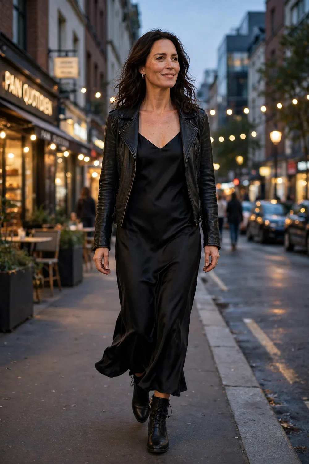 Black satin slip dress with leather jacket Valentine's outfit