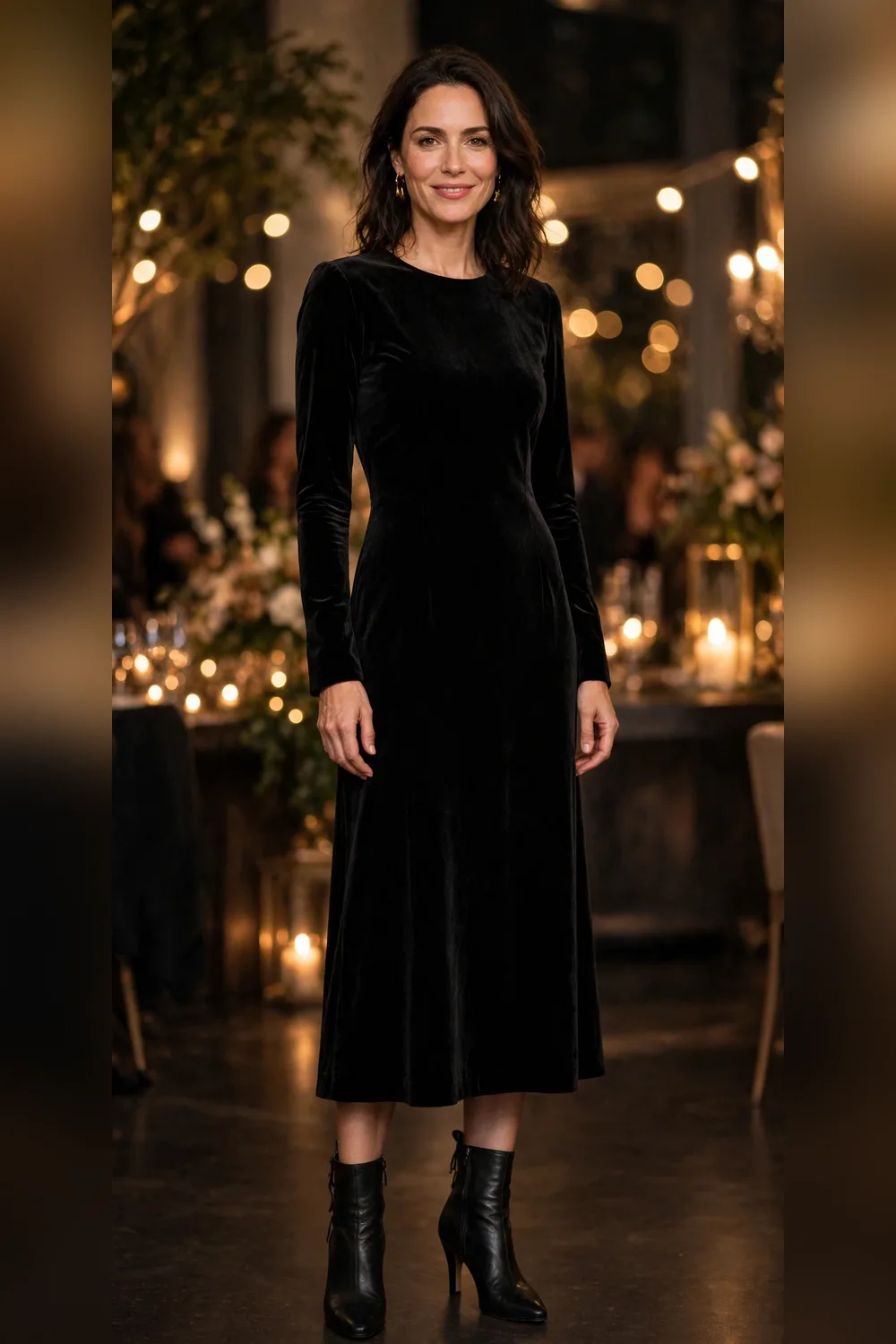 Black velvet midi dress New Year's Eve outfit for women in their 30s