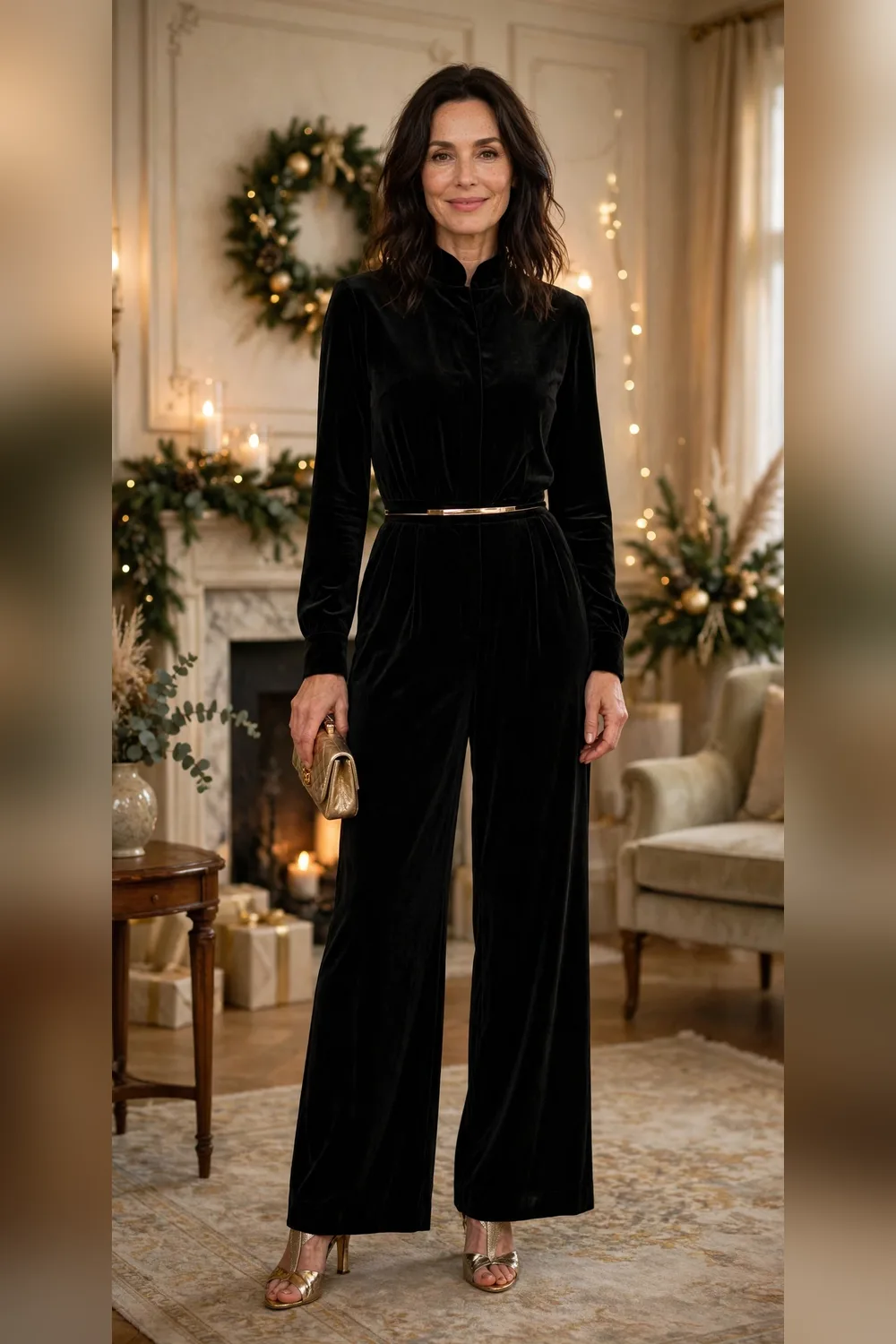 Black velvet jumpsuit Christmas party outfit for women over 40
