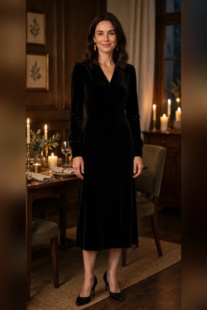 Woman in her 30s wearing a black velvet midi dress with gold drop earrings, candlelit dinner setting.