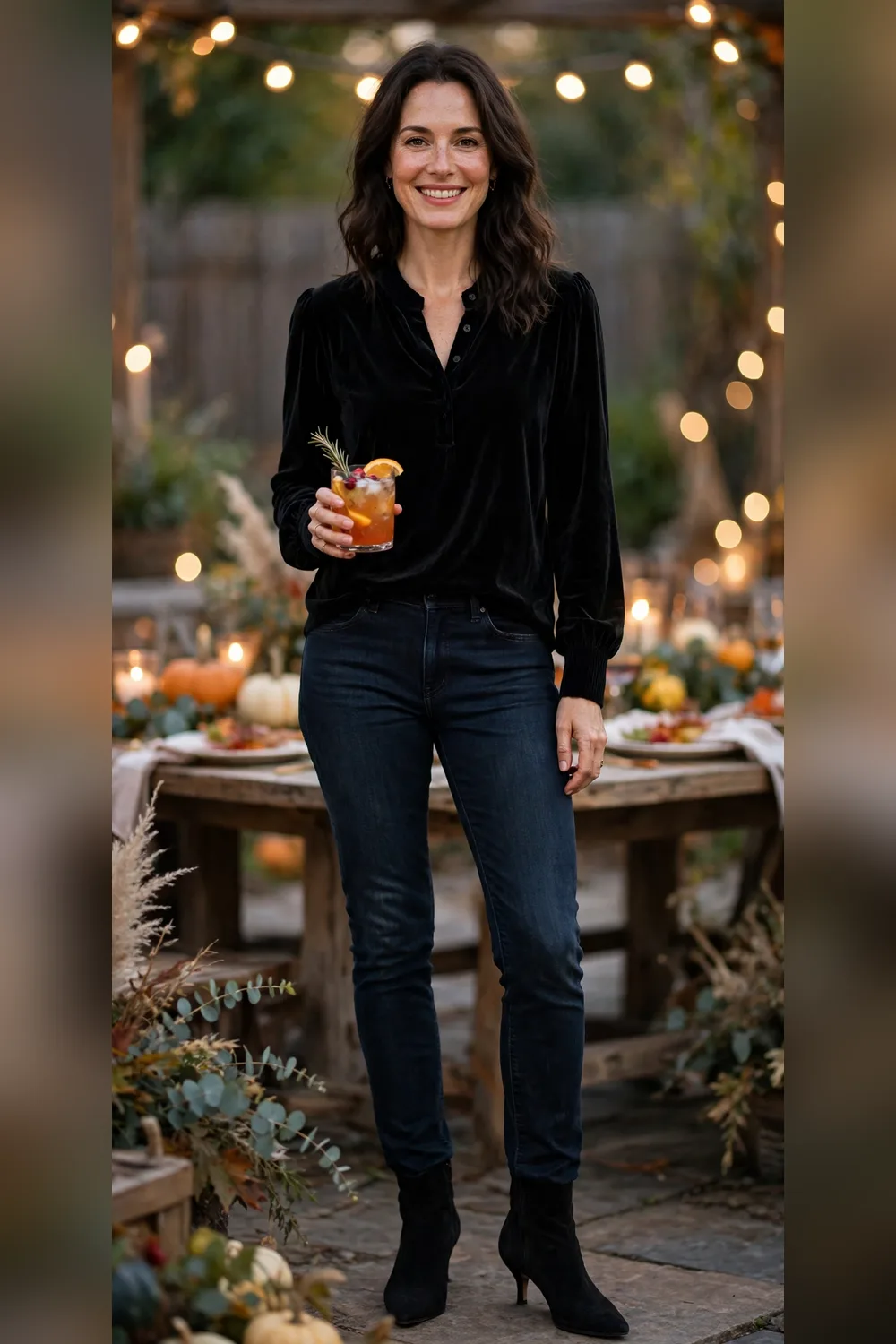 Woman in her 30s wearing a black velvet top and dark jeans with heeled booties at a Friendsgiving gathering