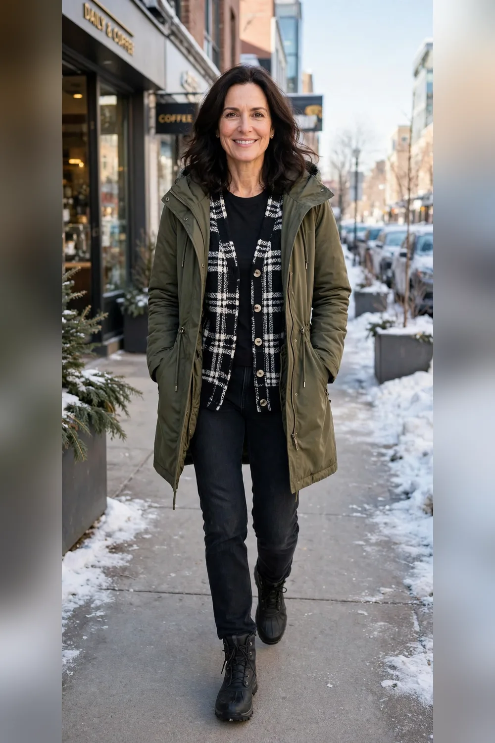 Black-and-white plaid cardigan with olive parka outfit over 40