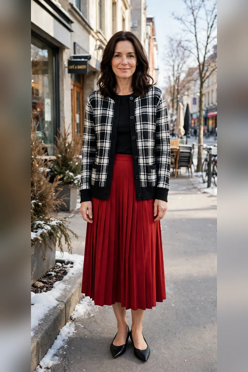Black-and-white plaid cardigan with red midi skirt outfit over 40