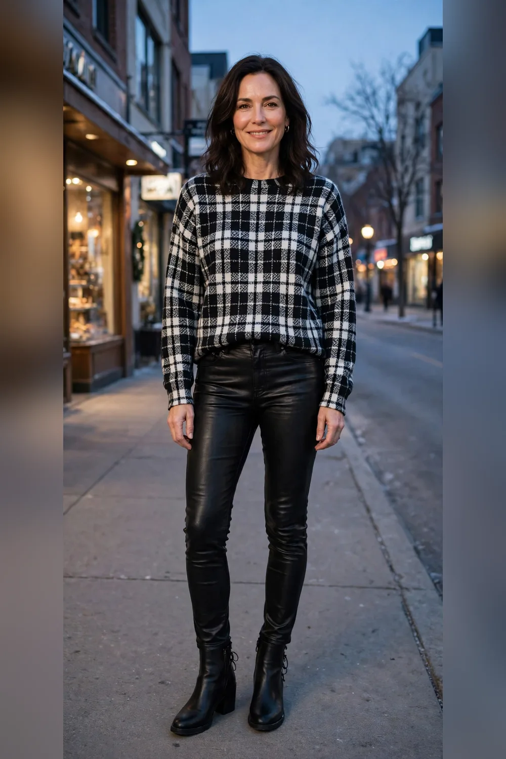Black-and-white plaid sweater with coated black jeans and black ankle boots