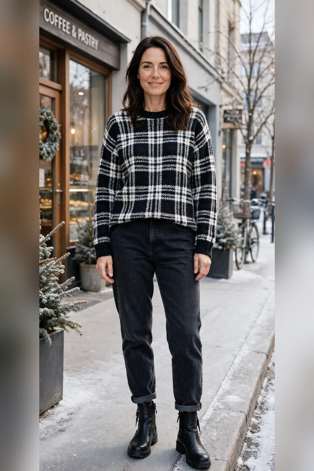 Black-and-white plaid sweater with dark boyfriend jeans and black ankle boots
