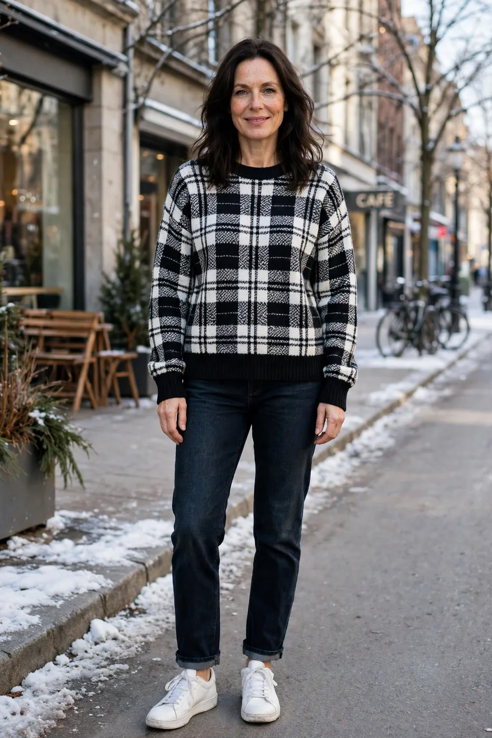 Black and white plaid sweater with dark jeans outfit over 40