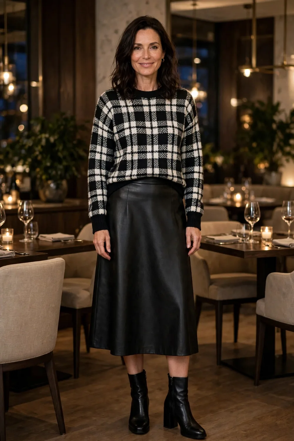 Black and white plaid sweater with leather midi skirt outfit over 40