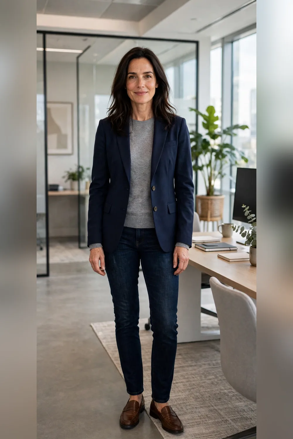 Winter capsule formula look navy blazer grey sweater dark jeans and loafers