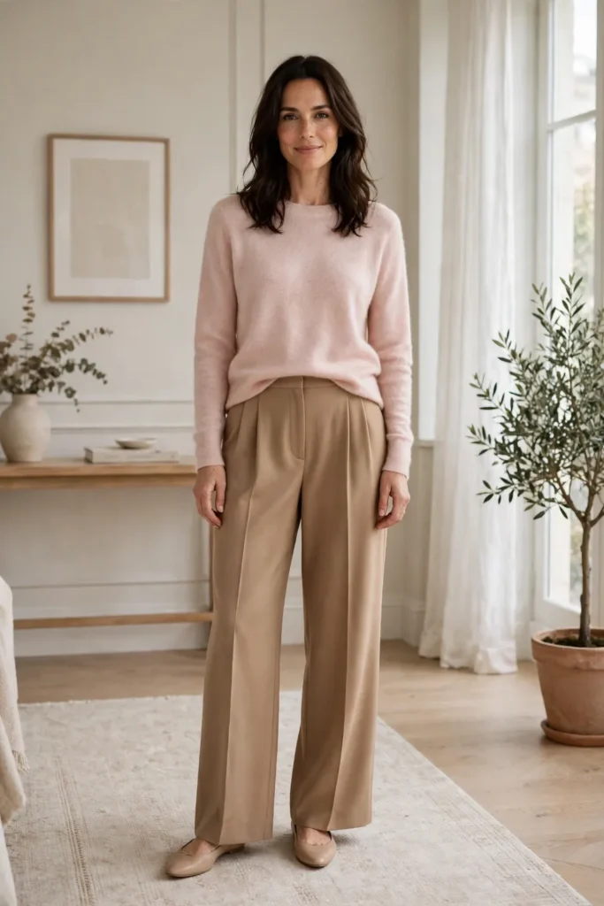 Woman in her 30s wearing a blush pink cashmere sweater and camel wide-leg trousers, elegant neutral outfit.
