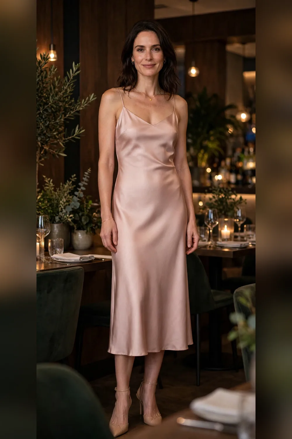 Blush pink satin midi dress Valentine's date outfit