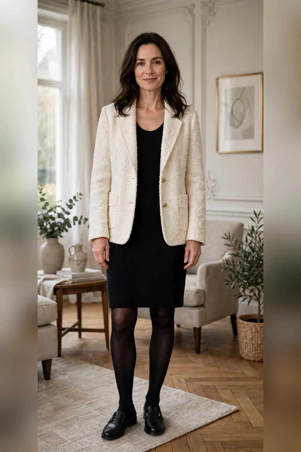 Woman in her 40s wearing a boucle jacket with a knit dress and boots