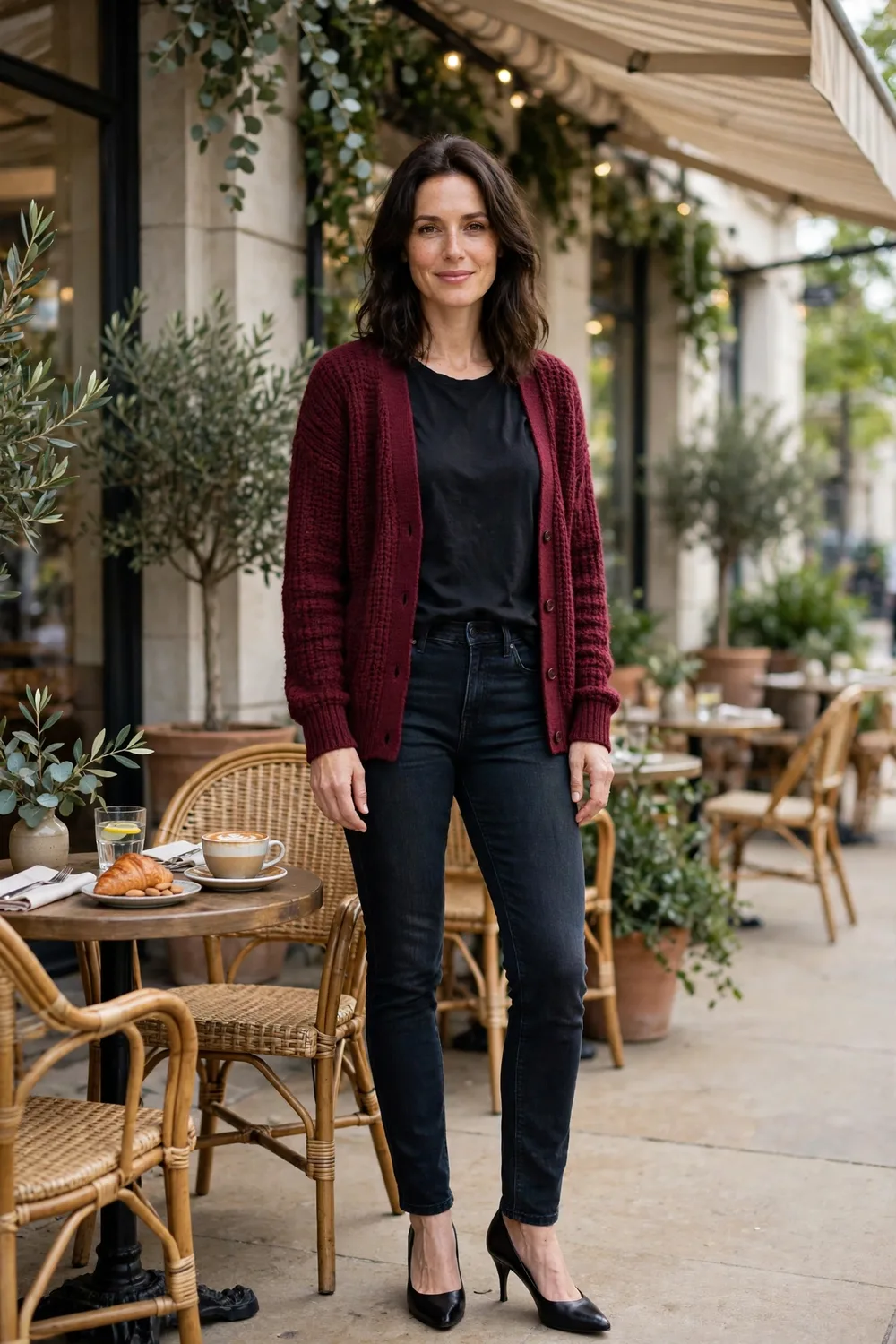 Burgundy cardigan with jeans and heels Valentine's outfit