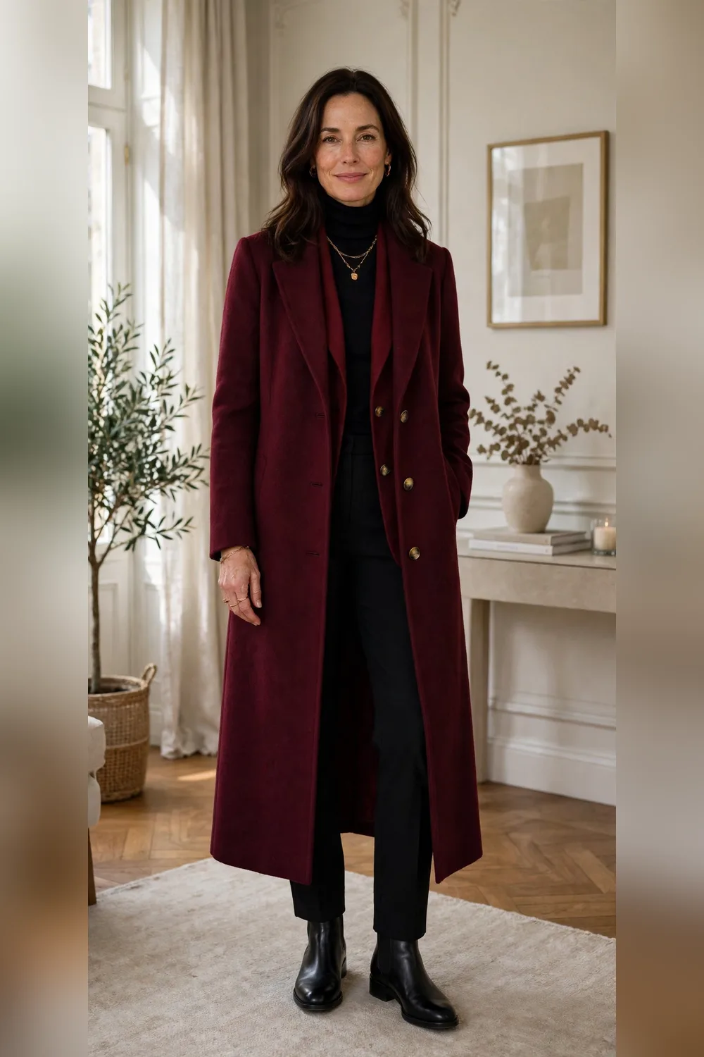 Woman in her 40s wearing a burgundy coat over an all-black outfit