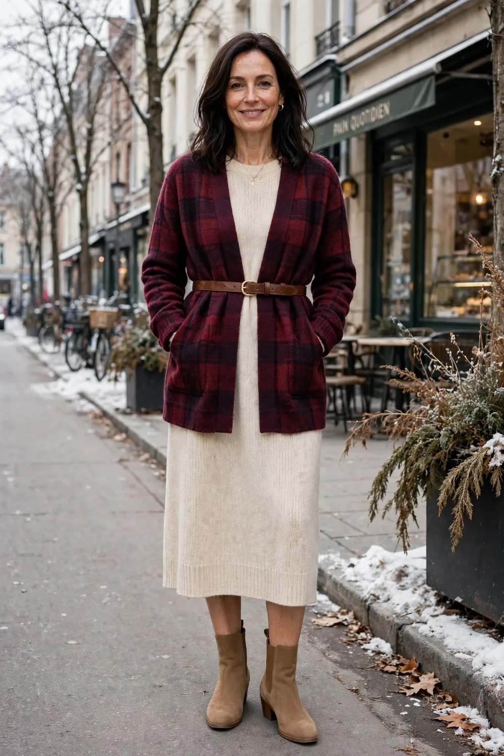 Burgundy plaid belted cardigan with cream knit dress outfit over 40