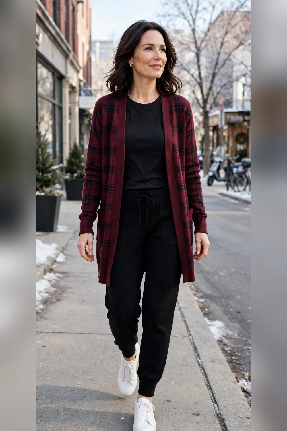 Burgundy plaid cardigan with black knit joggers outfit over 40