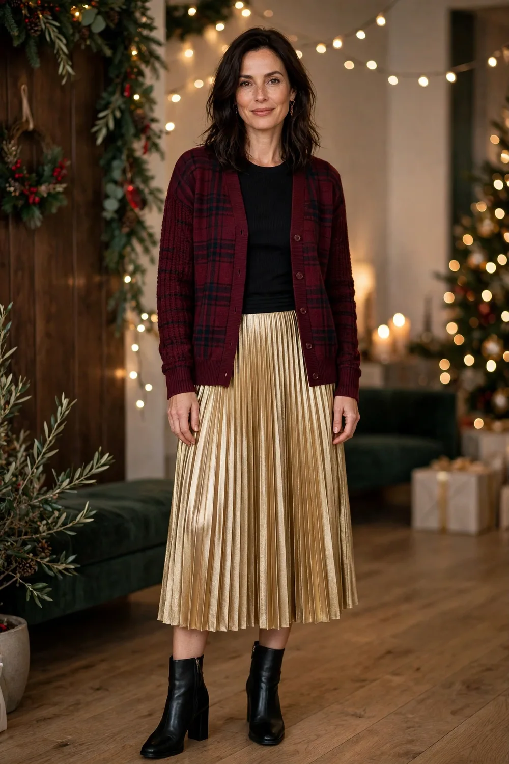 Burgundy plaid cardigan with gold pleated skirt holiday outfit over 40