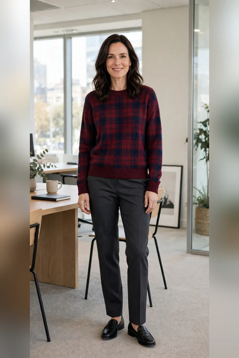 Burgundy plaid sweater with charcoal trousers outfit over 40