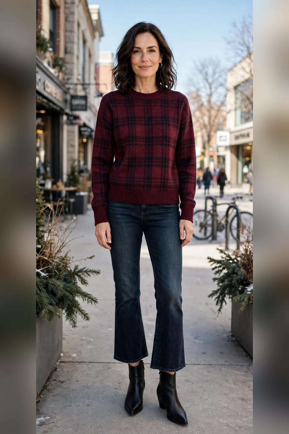 Burgundy plaid sweater with cropped flare jeans and pointed black ankle boots