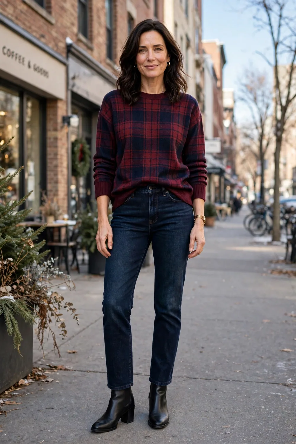 Burgundy plaid sweater tucked into dark straight jeans with black ankle boots