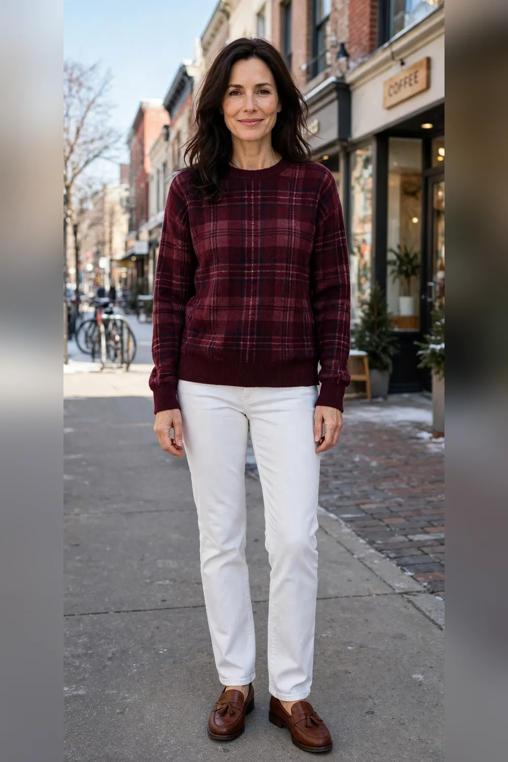 Burgundy plaid sweater with white straight jeans and brown loafers