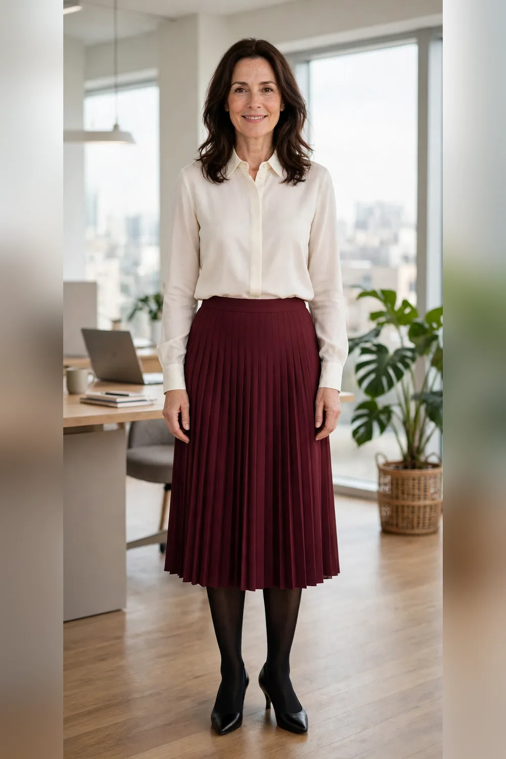 Burgundy pleated skirt with ivory blouse work outfit over 40