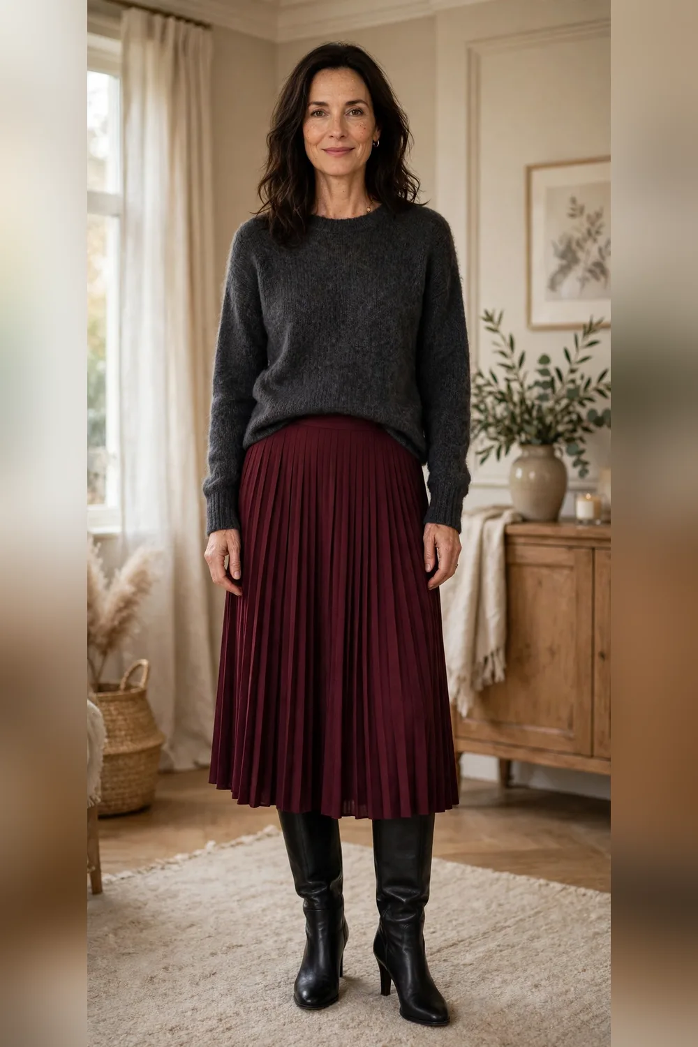 Woman in her 40s wearing a burgundy pleated midi skirt with a sweater