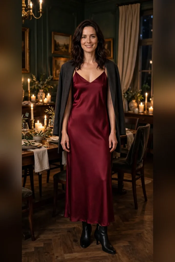 Woman in her 30s wearing a burgundy satin slip dress with a charcoal blazer over her shoulders, elegant dinner look.