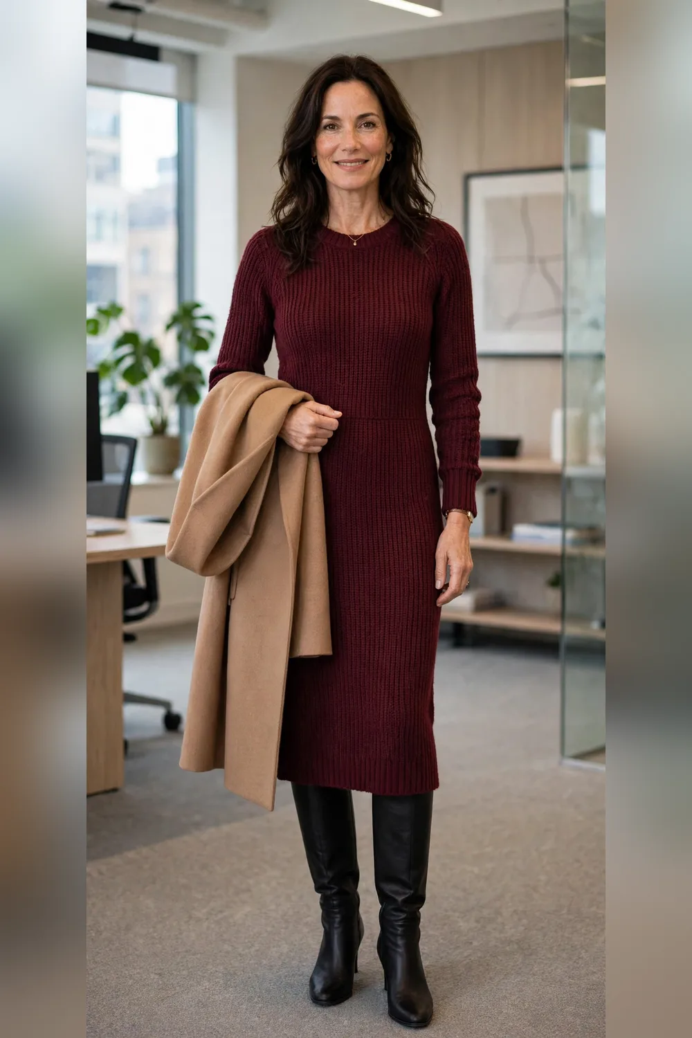 Burgundy sweater dress with knee-high boots work outfit over 40