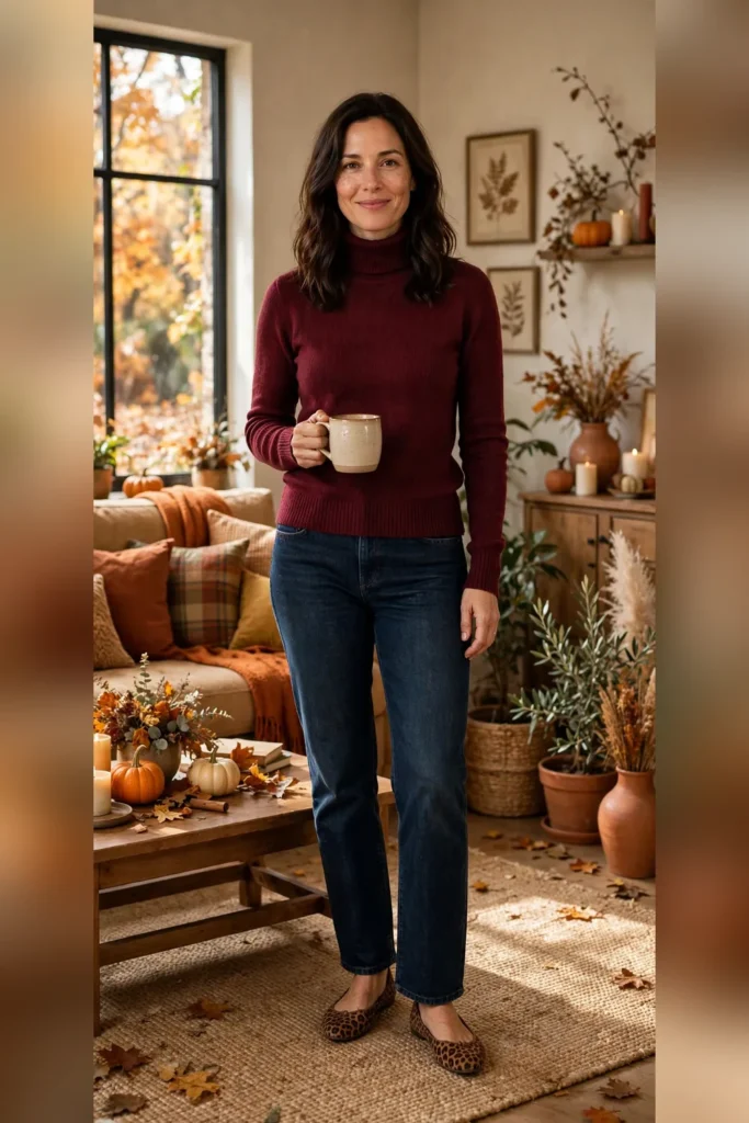 Woman in her 30s wearing a burgundy turtleneck sweater and dark straight-leg jeans, holding a mug in a fall living room.