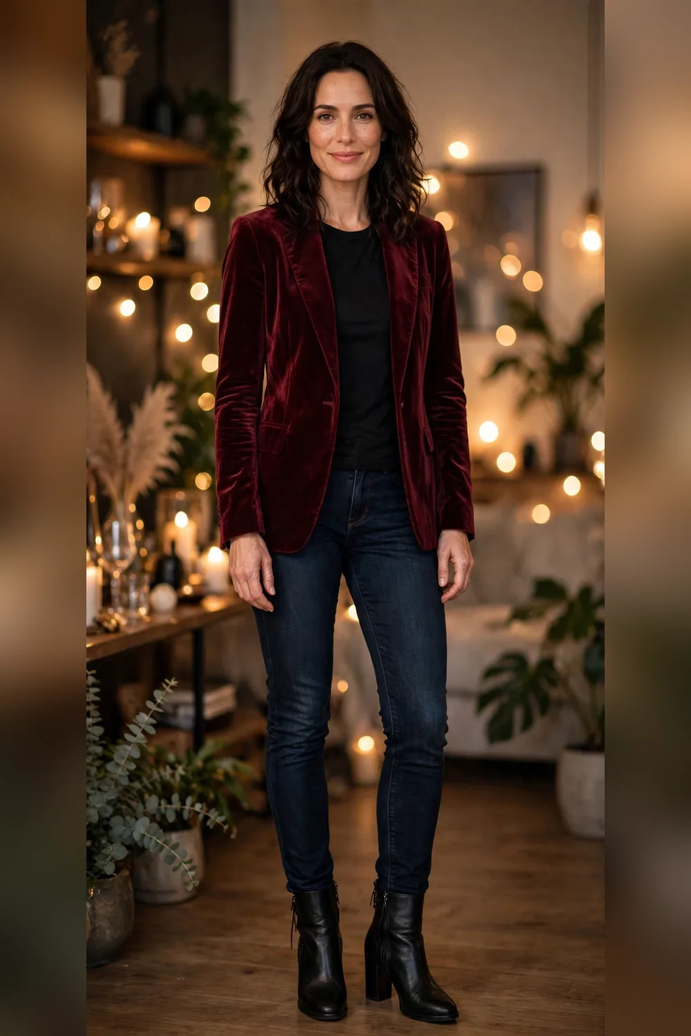 Burgundy velvet blazer with dark jeans New Year's Eve outfit 30s