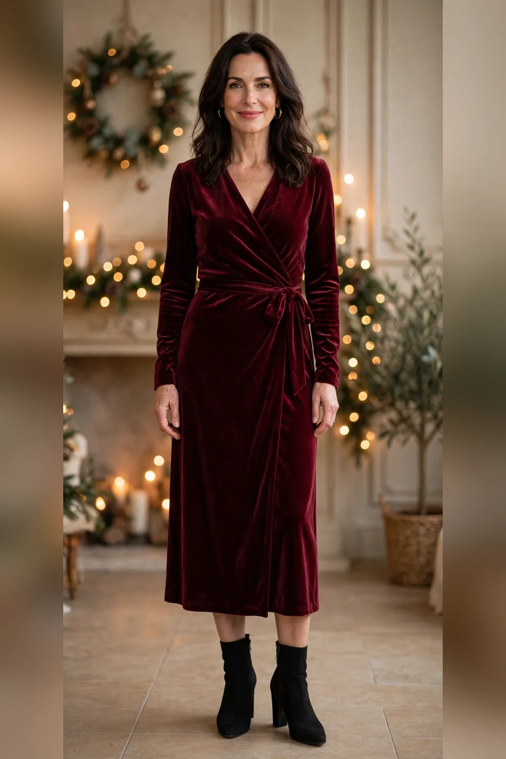 Burgundy velvet wrap midi dress Christmas party outfit for women over 40