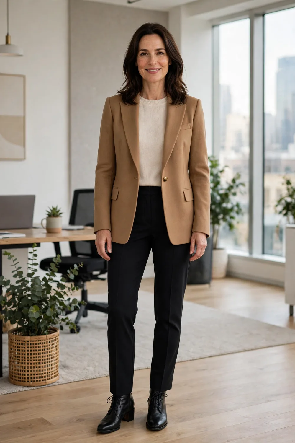 Camel blazer with cream turtleneck and black trousers work outfit over 40