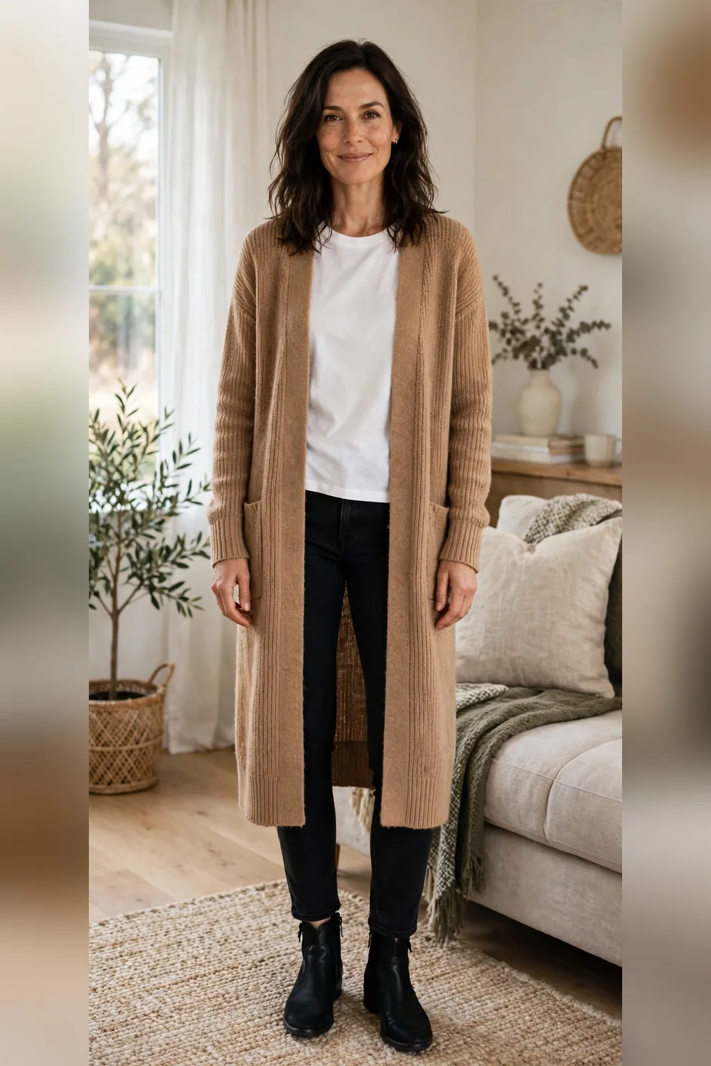 Woman in her 40s wearing a long camel cardigan over a white tee and black jeans