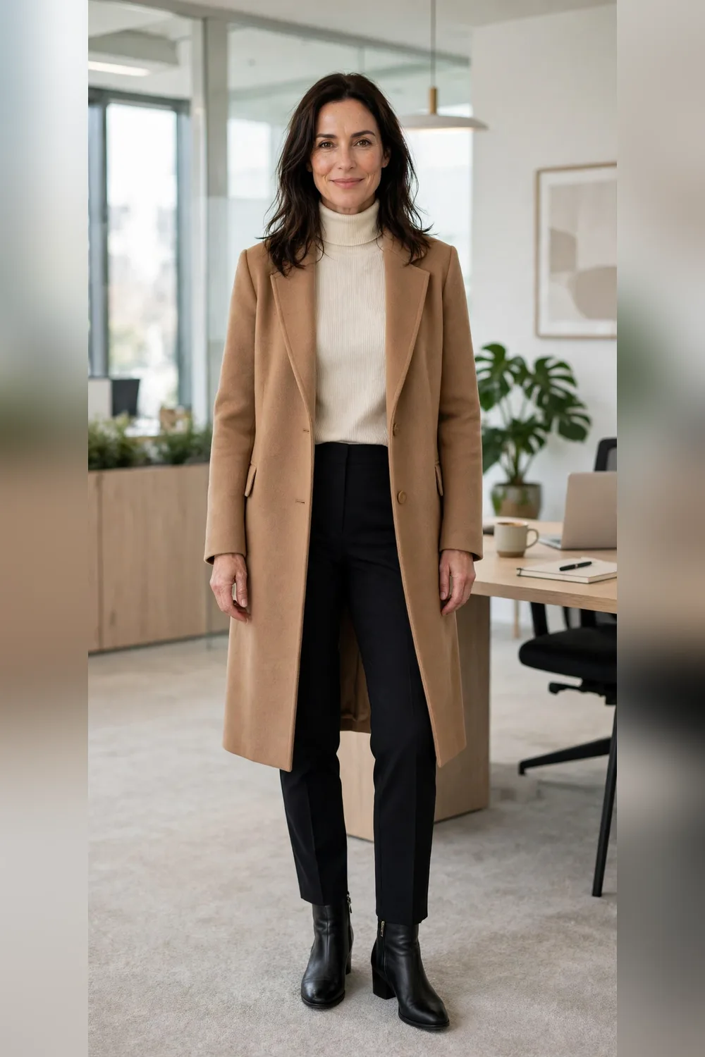 Winter capsule formula look cream turtleneck black trousers camel coat and ankle boots
