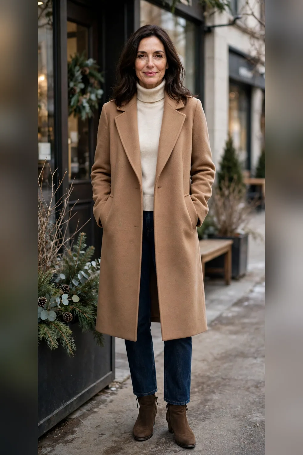 Woman in her 40s wearing a camel coat over a cream turtleneck and dark jeans