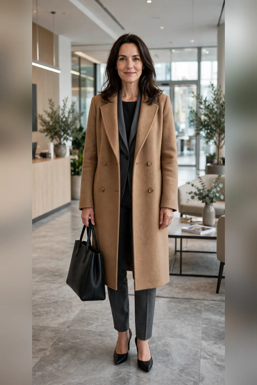 Long camel coat over pantsuit winter commute outfit over 40