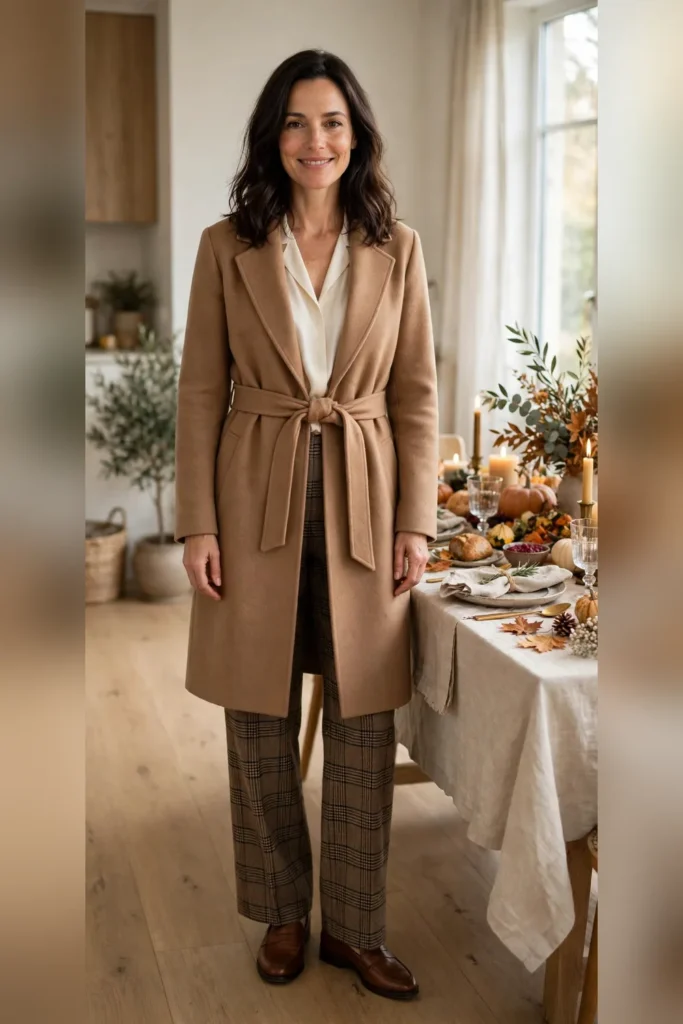 Woman in her 30s wearing a camel wrap coat over an ivory silk blouse and plaid wool trousers, Thanksgiving table setting in the background.