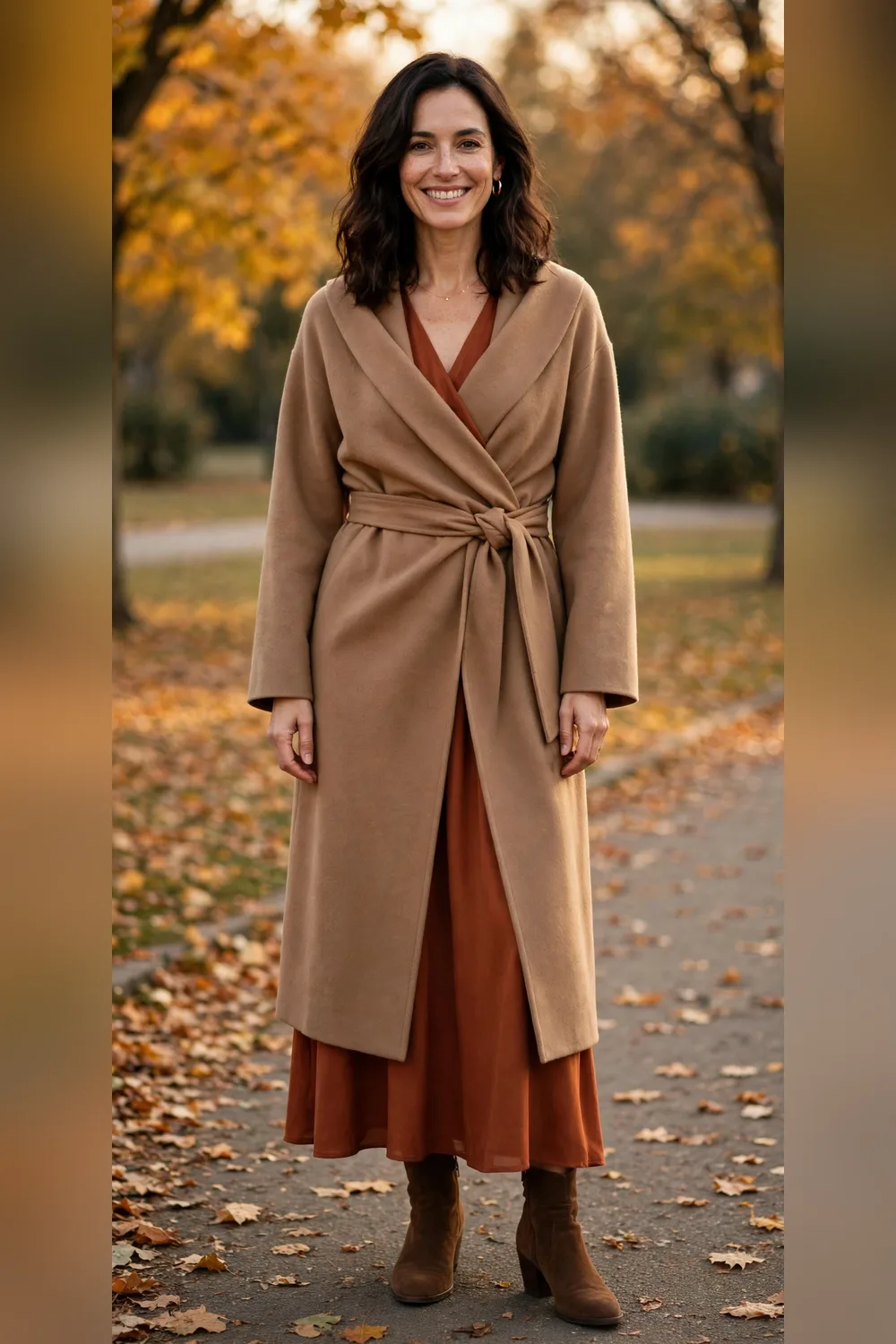 Woman in her 30s wearing a camel coat over a rust dress in warm autumn light