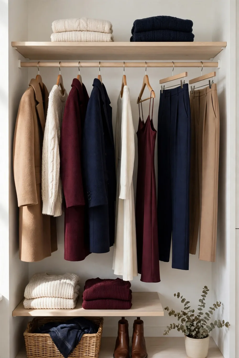 Winter capsule wardrobe clothing rail with coordinated coats and knits