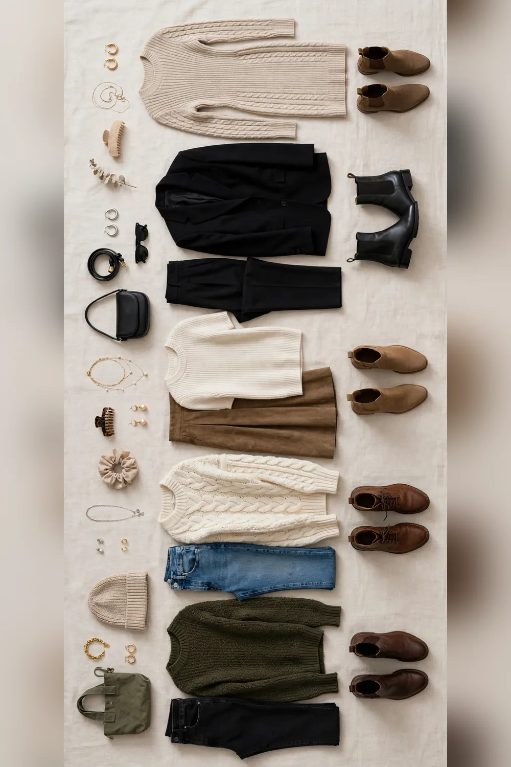 A week of winter capsule outfits flat lay